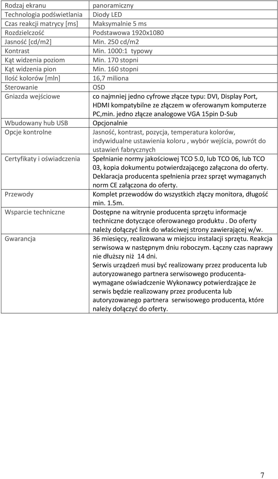 160 stopni Ilość kolorów [mln] 16,7 miliona Sterowanie OSD Gniazda wejściowe co najmniej jedno cyfrowe złącze typu: DVI, Display Port, HDMI kompatybilne ze złączem w oferowanym komputerze PC,min.