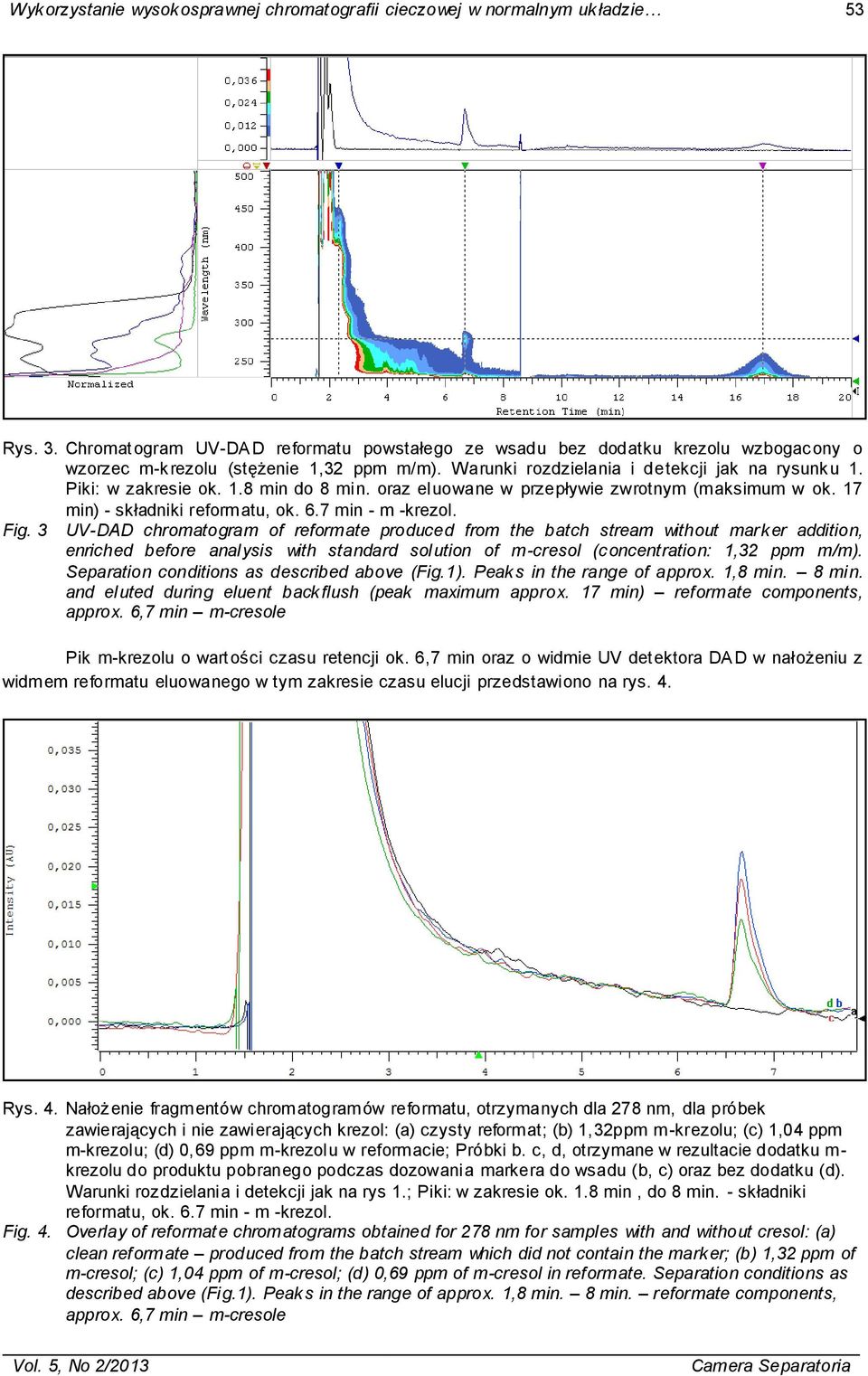 oraz eluowane w przepływie zwrotnym (maksimum w ok. 17 min) - składniki reformatu, ok. 6.7 min - m -krezol. Fig.
