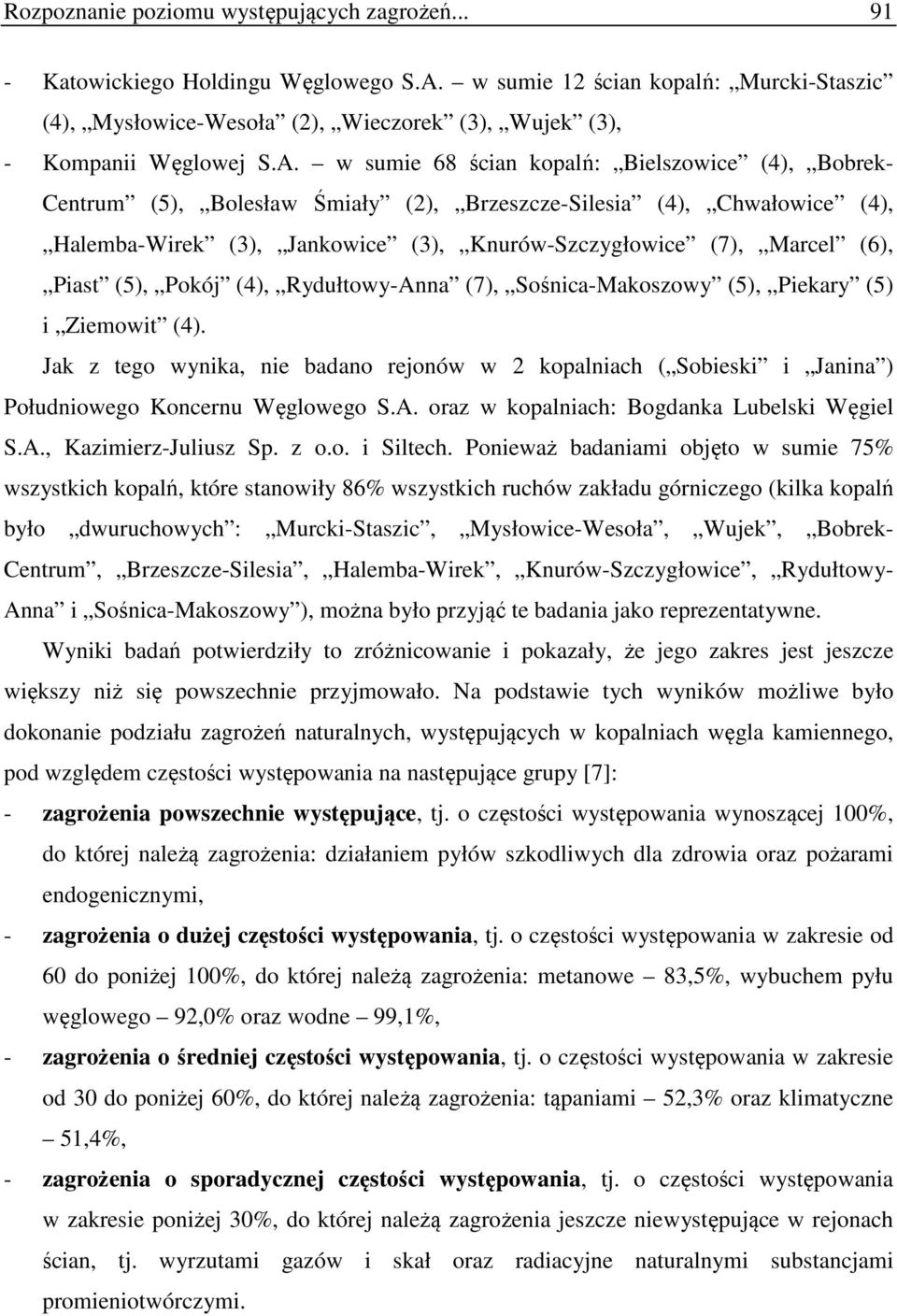 w sumie 68 ścian kopalń: Bielszowice (4), Bobrek- Centrum (5), Bolesław Śmiały (2), Brzeszcze-Silesia (4), Chwałowice (4), Halemba-Wirek (3), Jankowice (3), Knurów-Szczygłowice (7), Marcel (6), Piast