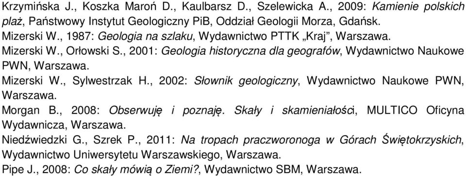 , 2002: Słownik geologiczny, Wydawnictwo Naukowe PWN, Warszawa. Morgan B., 2008: Obserwuję i poznaję. Skały i, MULTICO Oficyna Wydawnicza, Warszawa. Niedźwiedzki G., Szrek P.