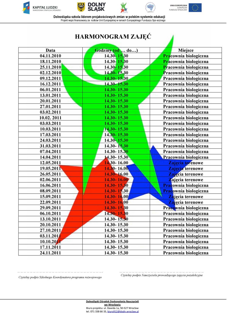 01.2011 14.30-15.30 Pracownia biologiczna 03.02.2011 14.30-15.30 Pracownia biologiczna 10.02. 2011 14.30-15.30 Pracownia biologiczna 03.03.2011 14.30-15.30 Pracownia biologiczna 10.03.2011 14.30-15.30 Pracownia biologiczna 17.