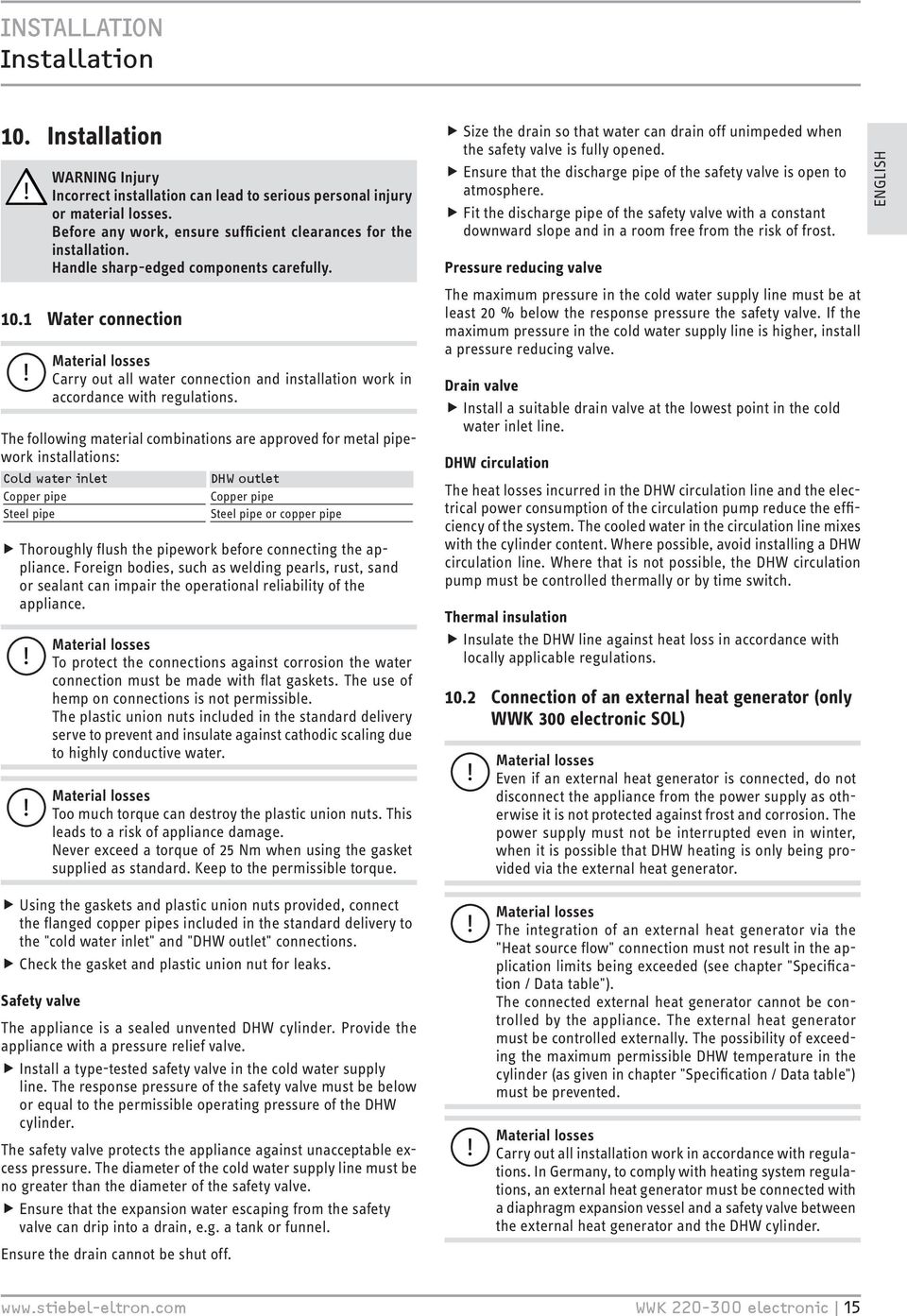 Water connection Material losses Carry out all water connection and installation work in accordance with regulations.