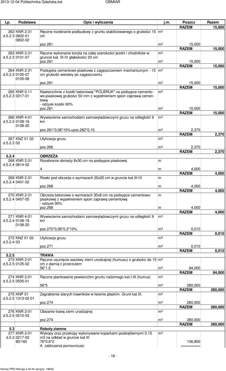III-IV głębokości 20 c poz.261 2 15,000 RAZEM 15,000 Podsypka ceentowo-piaskowa z zagęszczenie echaniczny - 15 2 c grubość warstwy po zagęszczeniu poz.