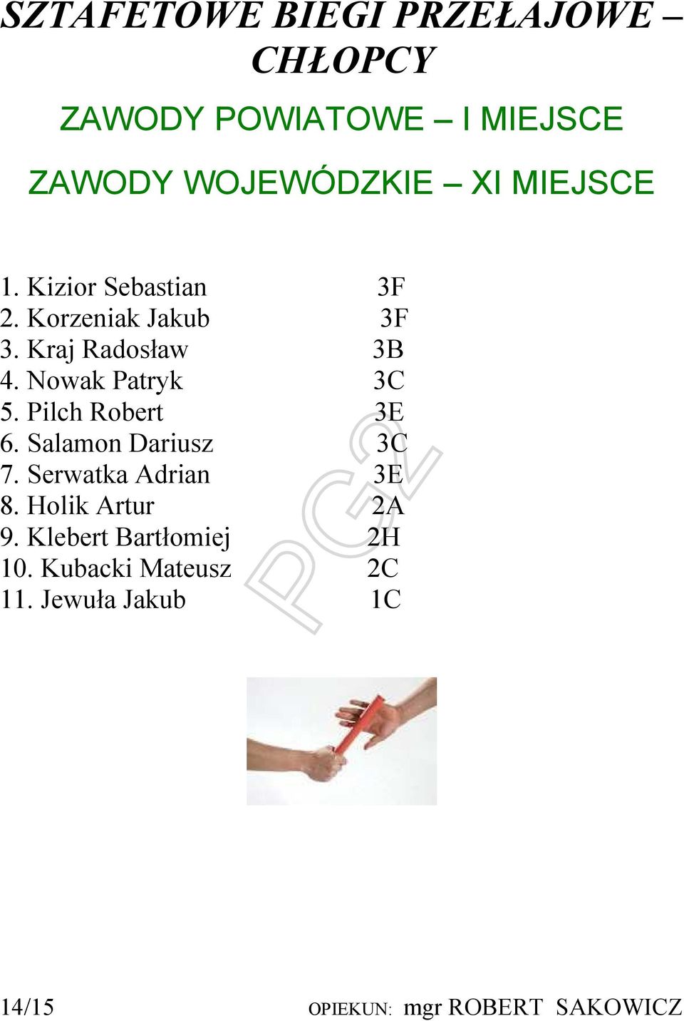 Nowak Patryk 3C 5. Pilch Robert 3E 6. Salamon Dariusz 3C 7. Serwatka Adrian 3E 8.