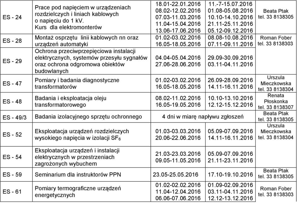 budowlanych Pomiary i badania diagnostyczne transformatorów Badania i eksploatacja oleju transformatorowego 18.01-22.01.2016 08.02-12.02.2016 07.03-11.03.2016 11.04-15.04.2016 13.06-17.06.2016 01.