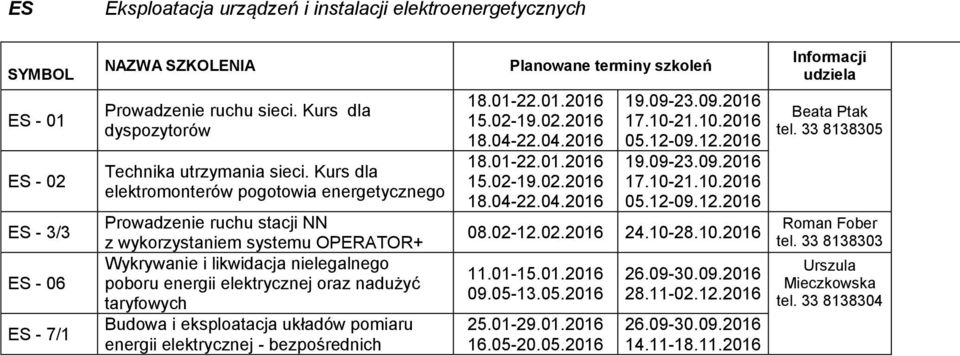 taryfowych Budowa i eksploatacja układów pomiaru energii elektrycznej - bezpośrednich 18.01-22.01.2016 15.02-19.02.2016 18.04-22.04.2016 18.01-22.01.2016 15.02-19.02.2016 18.04-22.04.2016 19.09-