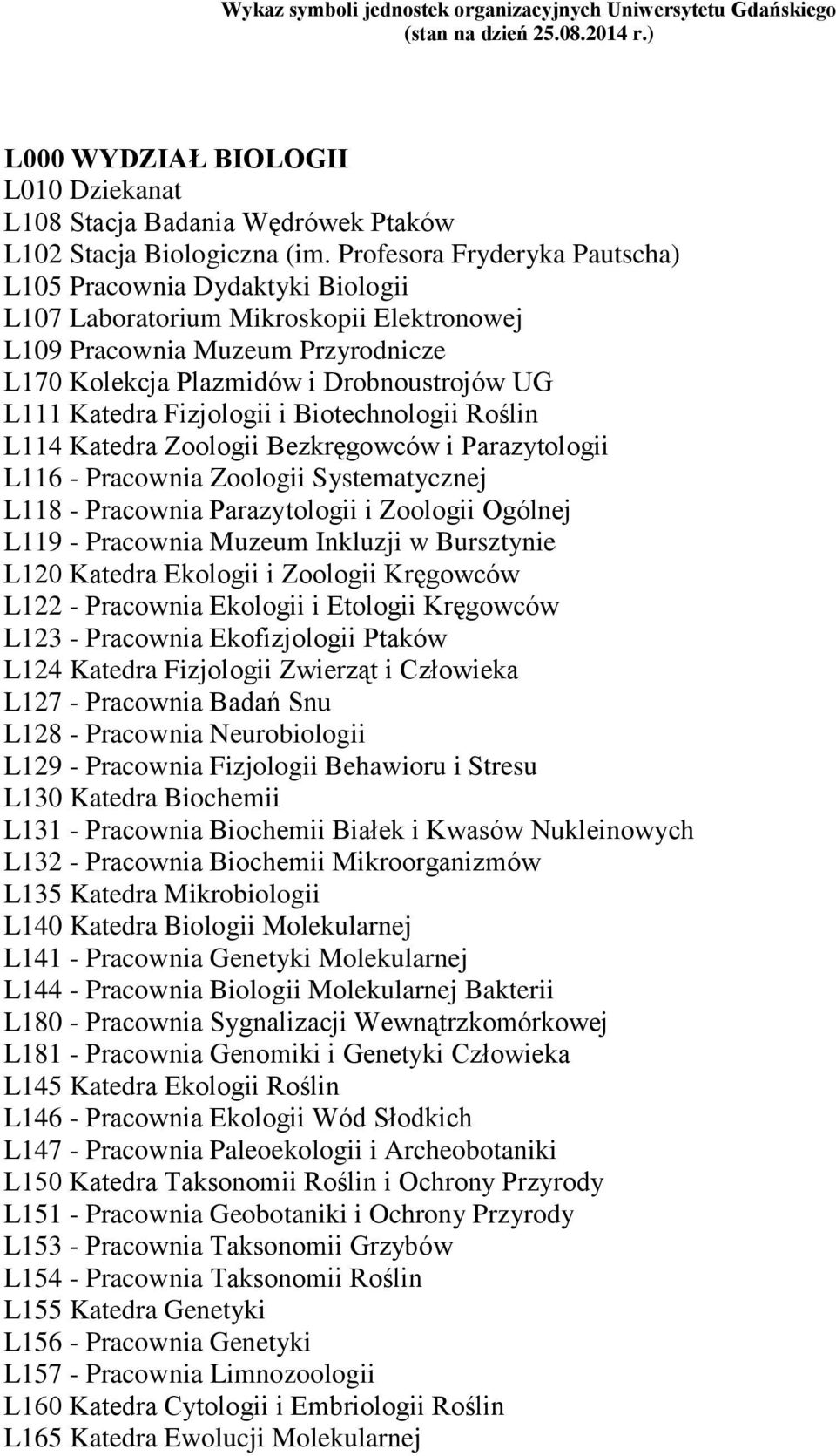 Fizjologii i Biotechnologii Roślin L114 Katedra Zoologii Bezkręgowców i Parazytologii L116 - Pracownia Zoologii Systematycznej L118 - Pracownia Parazytologii i Zoologii Ogólnej L119 - Pracownia