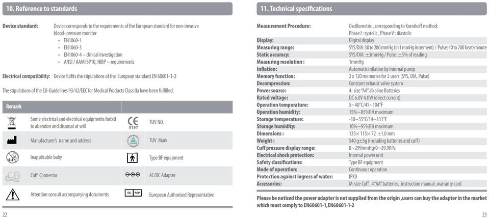 ANSI / AAMI SP10, NIBP requirements Electrical compatibility: Device fulfils the stipulations of the European standard EN 60601-1-2 The stipulations of the EU-Guidelines 93/42/EEC for Medical