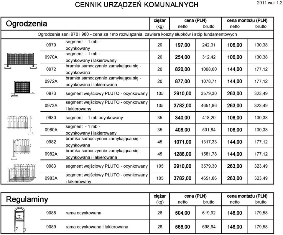 segment - 1 mb - ocynkowany i lakierowany 20 254,00 312,42 106,00 130,38 0972 bramka samoczynnie zamykająca się - ocynkowana 20 820,00 1008,60 144,00 177,12 0972A bramka samoczynnie zamykająca się -