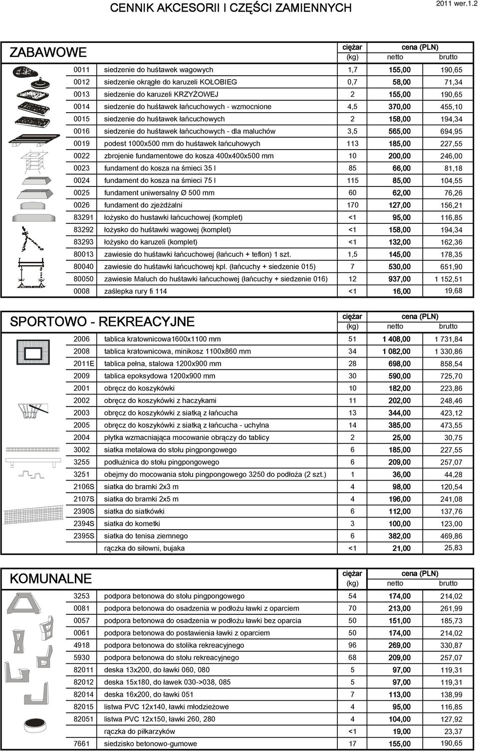 2 ZABAWOWE netto brutto 0011 siedzenie do huśtawek wagowych 1,7 155,00 190,65 0012 siedzenie okrągłe do karuzeli KOŁOBIEG 0,7 58,00 71,34 0013 siedzenie do karuzeli KRZYŻOWEJ 2 155,00 190,65 0014