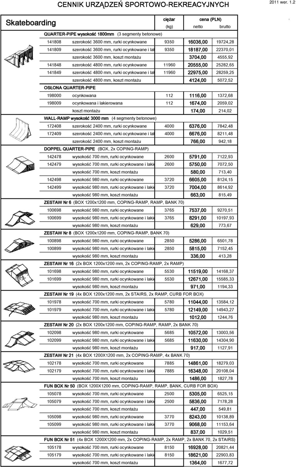 4800 mm, rurki ocynkowane i lakierowane 11960 22975,00 28259,25 szerokość 4800 mm, koszt montażu 4124,00 5072,52 OSŁONA QUARTER-PIPE 198000 ocynkowana 112 1116,00 1372,68 198009 ocynkowana i