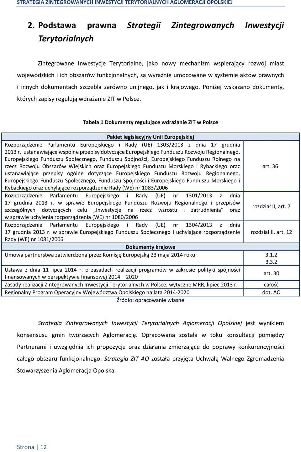 Tabela 1 Dokumenty regulujące wdrażanie ZIT w Polsce Pakiet legislacyjny Unii Europejskiej Rozporządzenie Parlamentu Europejskiego i Rady (UE) 1303/2013 z dnia 17 grudnia 2013 r.