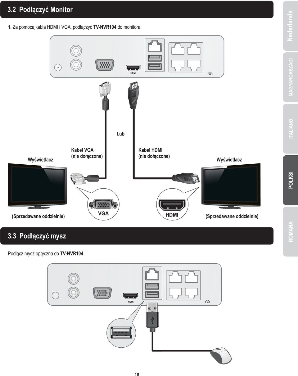 HDMI Lub Wyświetlacz Kabel VGA (nie dołączone) Kabel HDMI (nie dołączone)