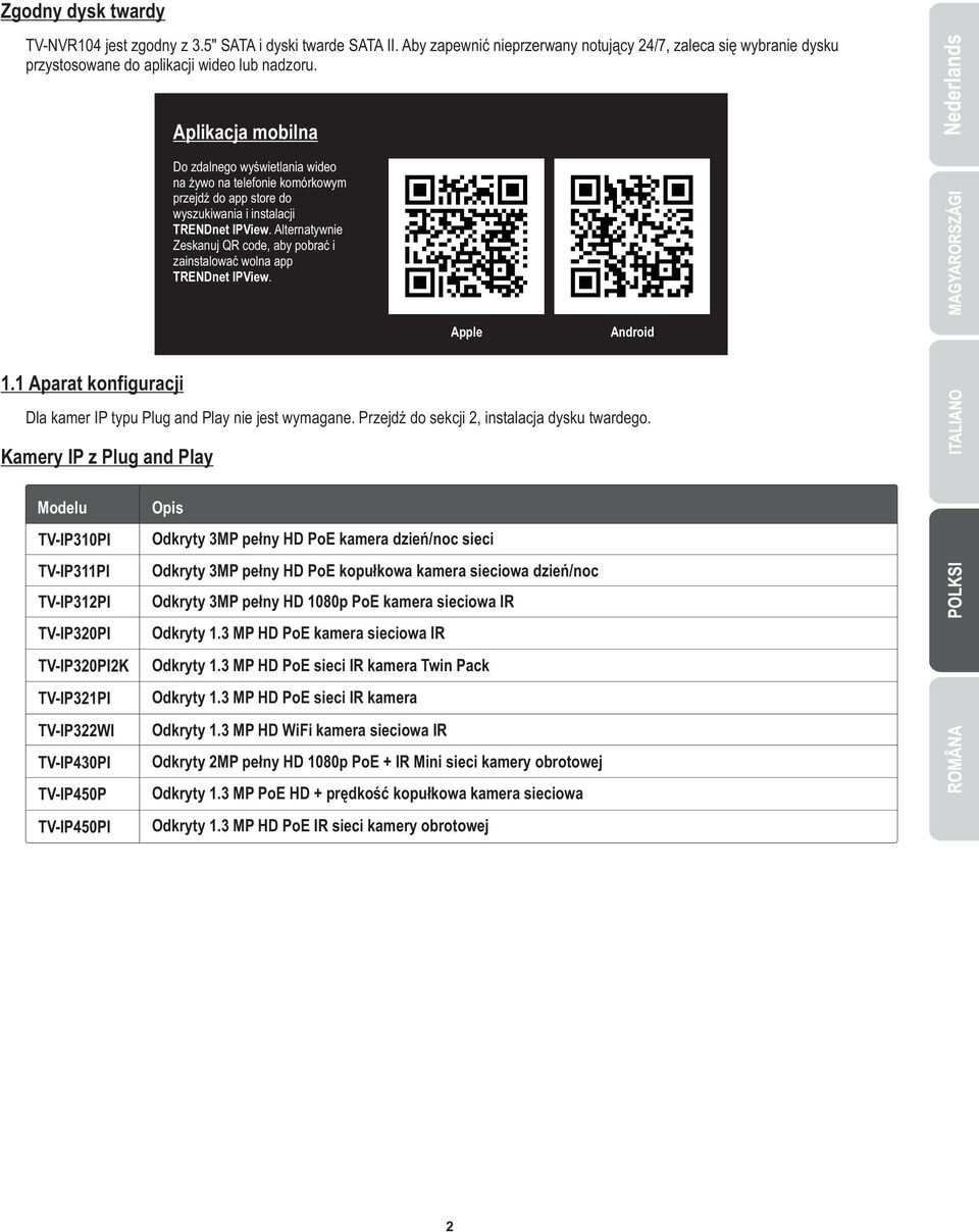 Alternatywnie Zeskanuj QR code, aby pobrać i zainstalować wolna app TRENDnet IPView. Apple Android 1.1 Aparat konfiguracji Dla kamer IP typu Plug and Play nie jest wymagane.