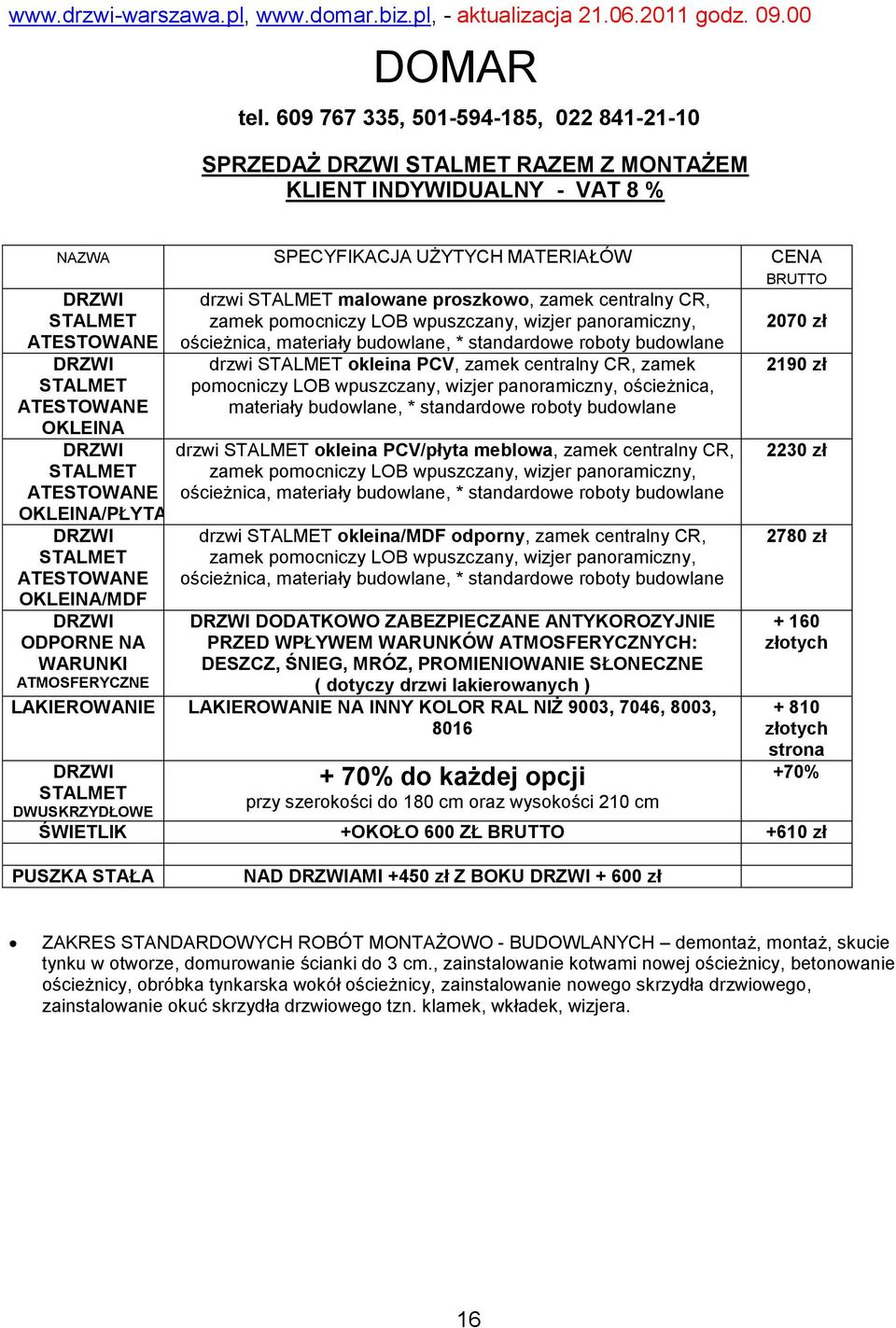 standardowe roboty drzwi STALMET okleina PCV, zamek centralny CR, zamek pomocniczy LOB wpuszczany, wizjer panoramiczny, ościeżnica, materiały, * standardowe roboty drzwi STALMET okleina PCV/płyta