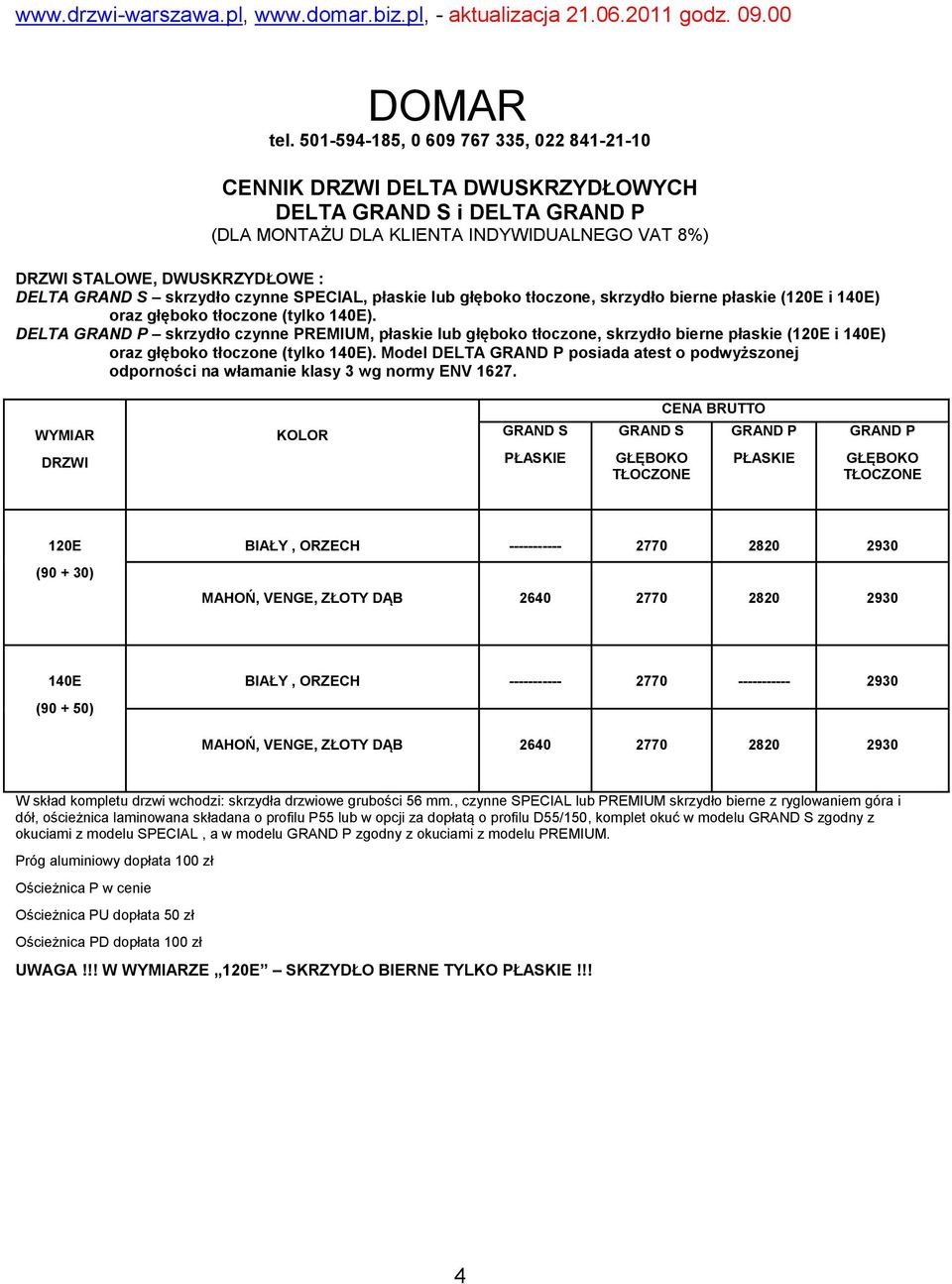 DELTA GRAND P skrzydło czynne PREMIUM, płaskie lub głęboko  Model DELTA GRAND P posiada atest o podwyższonej odporności na włamanie klasy 3 wg normy ENV 1627.