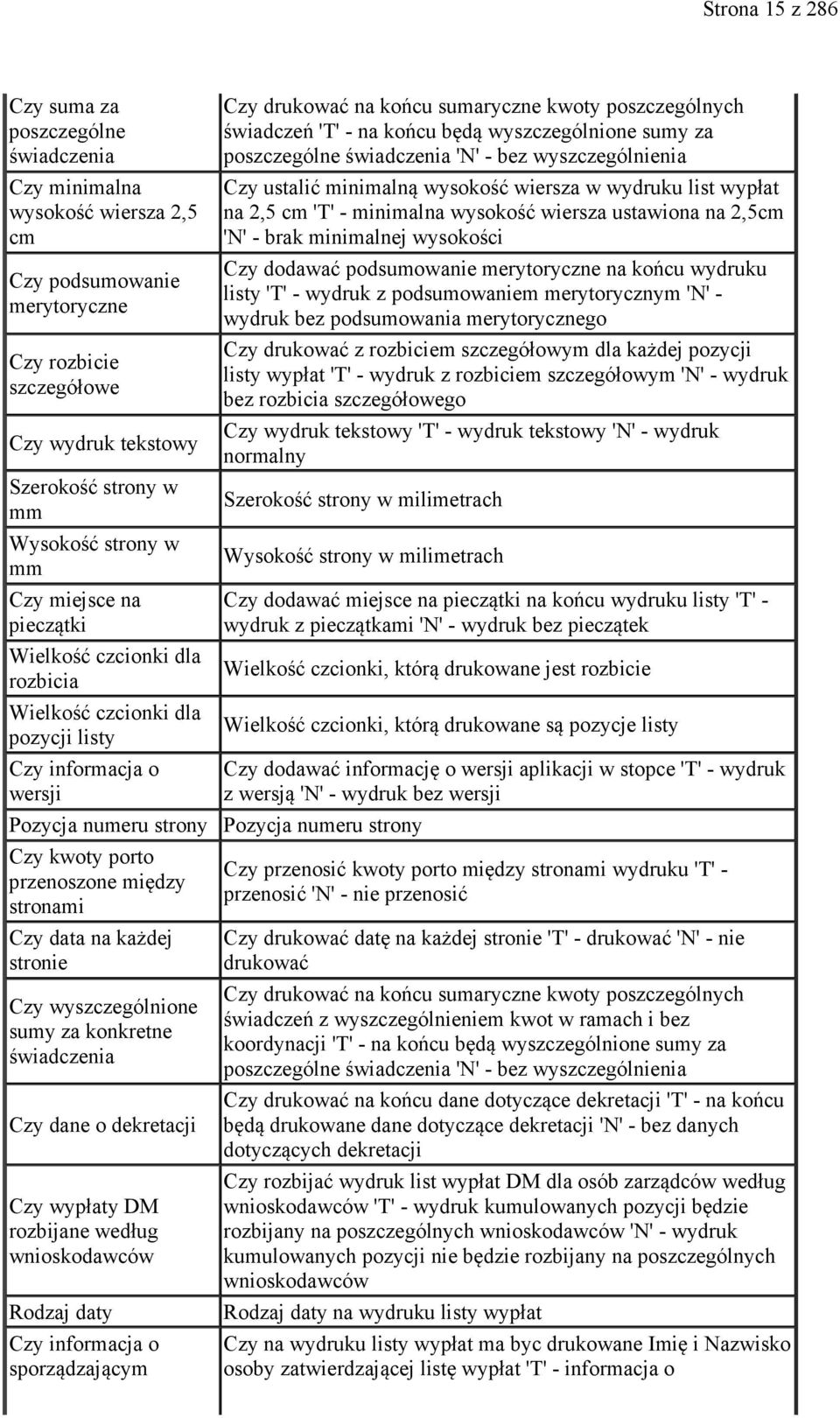 data na każdej stronie Czy wyszczególnione sumy za konkretne świadczenia Czy dane o dekretacji Czy wypłaty DM rozbijane według wnioskodawców Rodzaj daty Czy informacja o sporządzającym Czy drukować