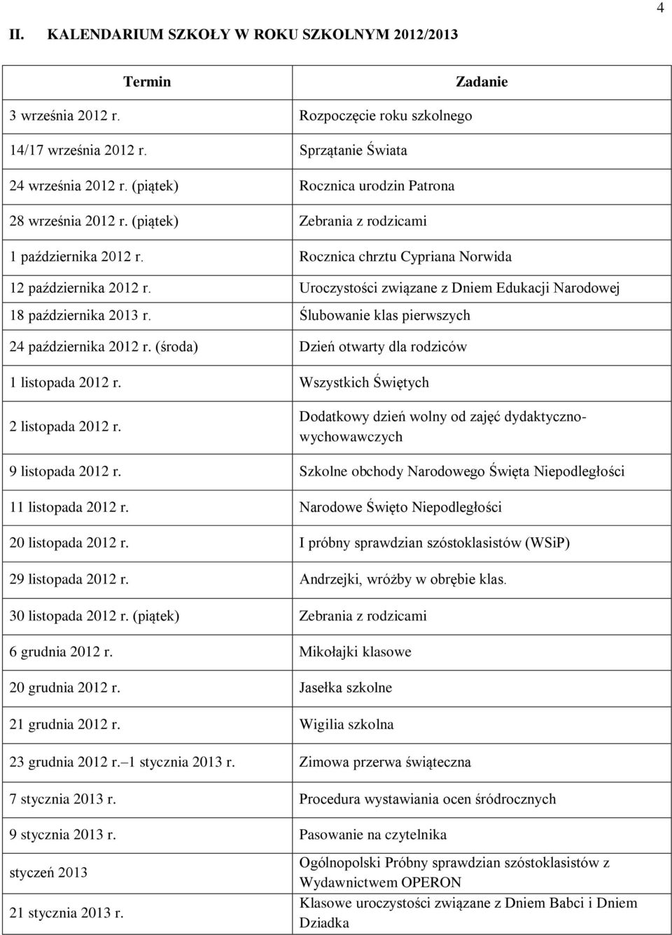 Ślubowanie klas pierwszych 24 października (środa) Dzień otwarty dla rodziców 1 listopada Wszystkich Świętych 2 listopada Dodatkowy dzień wolny od zajęć dydaktycznowychowawczych 9 listopada Szkolne