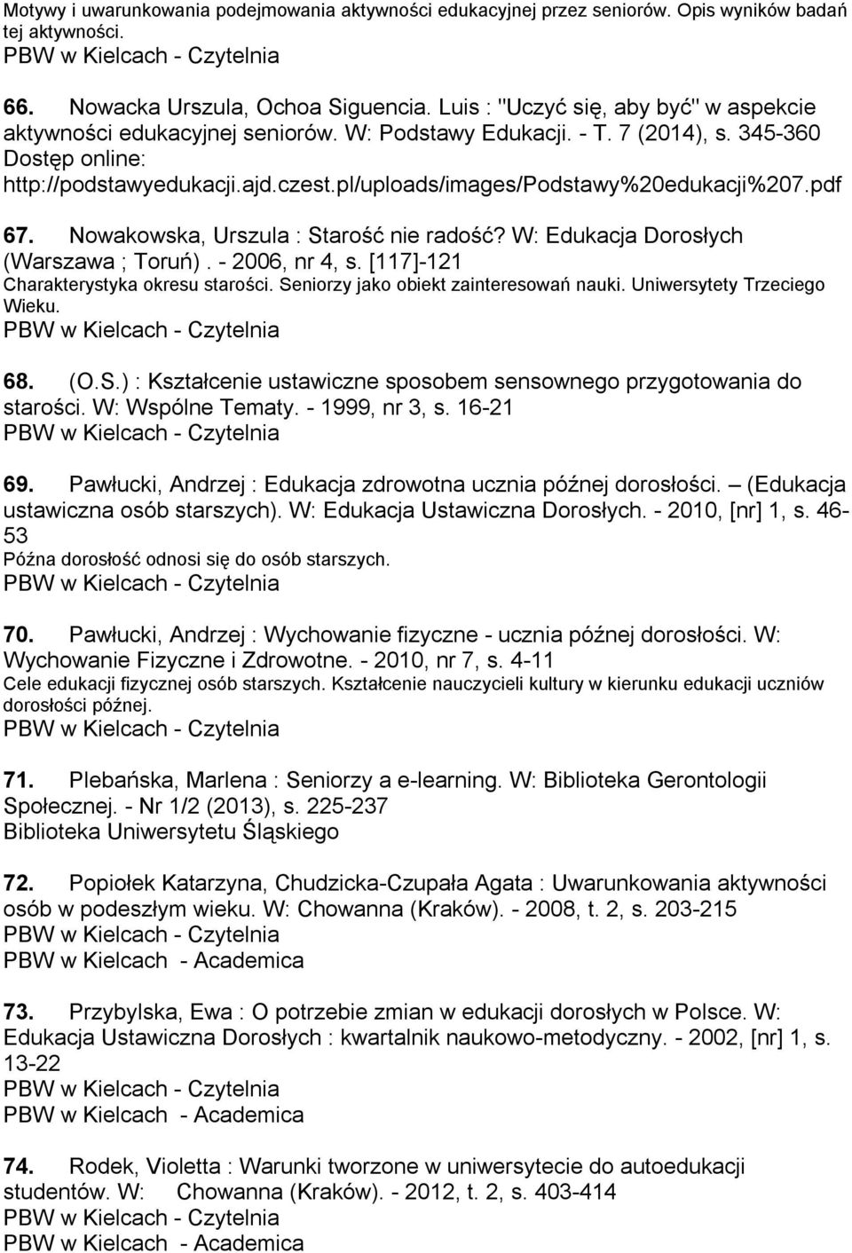 pl/uploads/images/podstawy%20edukacji%207.pdf 67. Nowakowska, Urszula : Starość nie radość? W: Edukacja Dorosłych (Warszawa ; Toruń). - 2006, nr 4, s. [117]-121 Charakterystyka okresu starości.