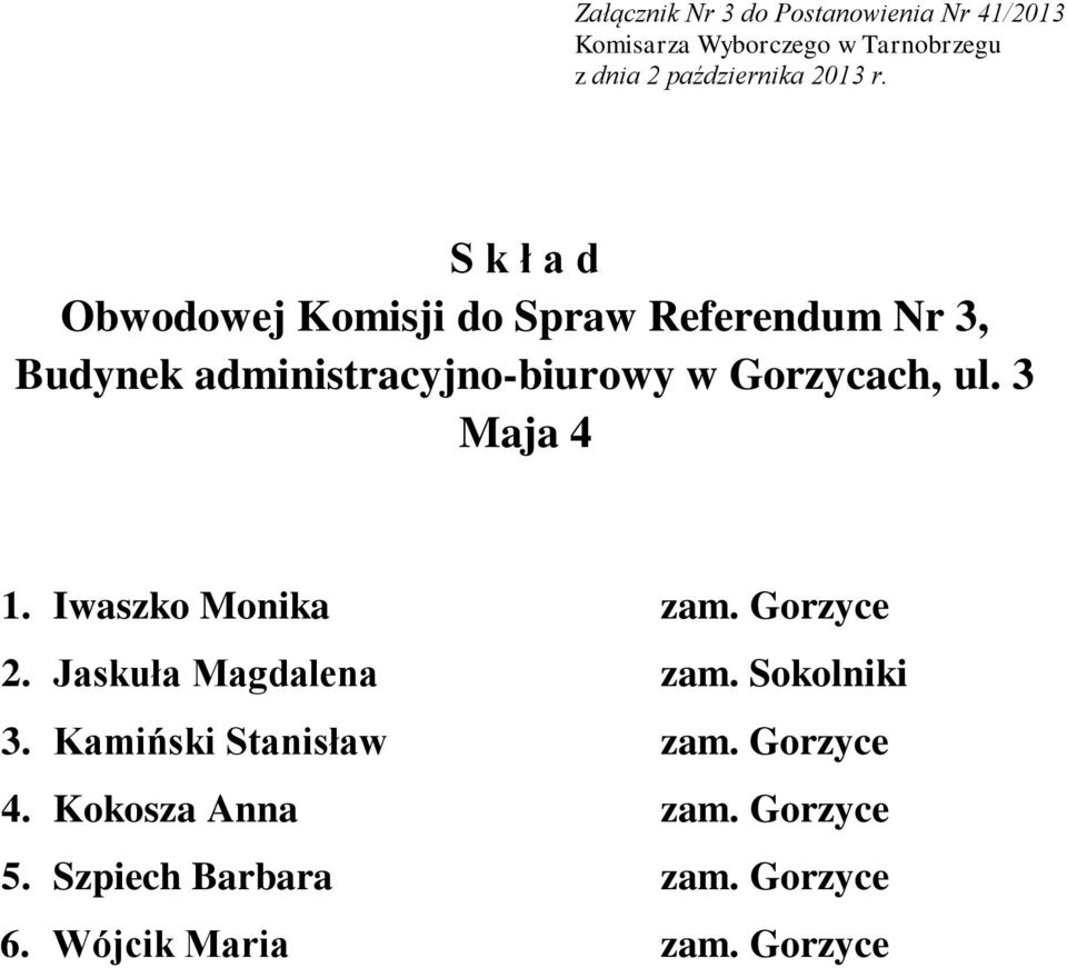 Gorzyce 2. Jaskuła Magdalena zam. Sokolniki 3. Kamiński Stanisław zam. Gorzyce 4.