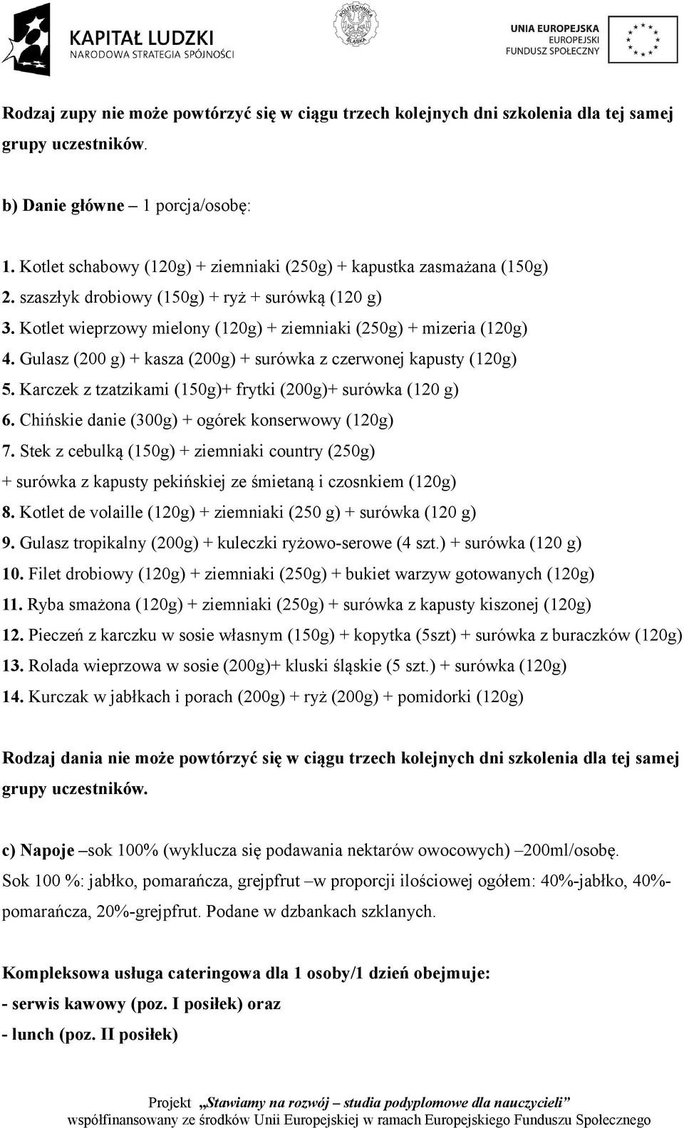 Gulasz (200 g) + kasza (200g) + surówka z czerwonej kapusty (120g) 5. Karczek z tzatzikami (150g)+ frytki (200g)+ surówka (120 g) 6. Chińskie danie (300g) + ogórek konserwowy (120g) 7.