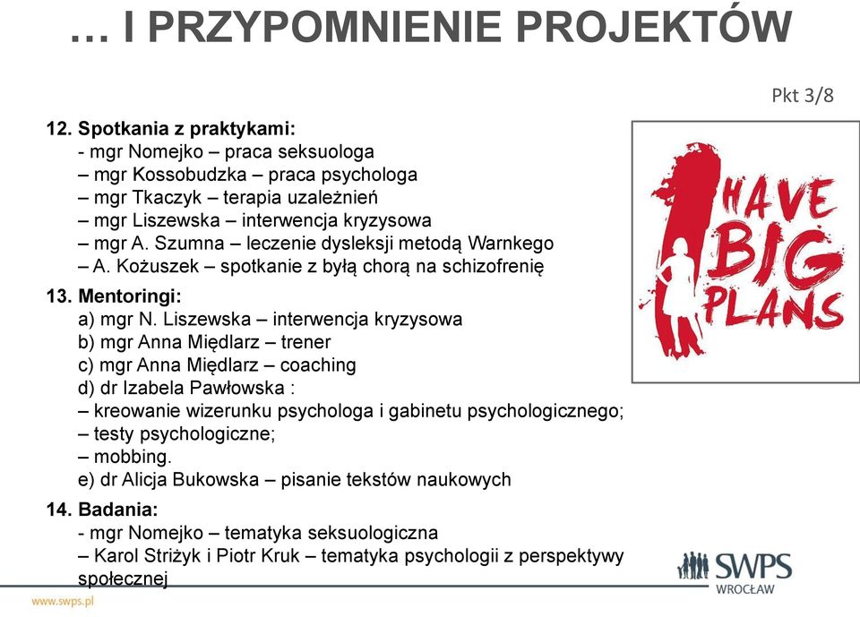 Szumna leczenie dysleksji metodą Warnkego A. Kożuszek spotkanie z byłą chorą na schizofrenię 13. Mentoringi: a) mgr N.