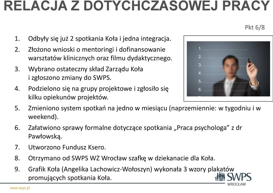 Zmieniono system spotkao na jedno w miesiącu (naprzemiennie: w tygodniu i w weekend). 6. Załatwiono sprawy formalne dotyczące spotkania Praca psychologa z dr Pawłowską. 7.