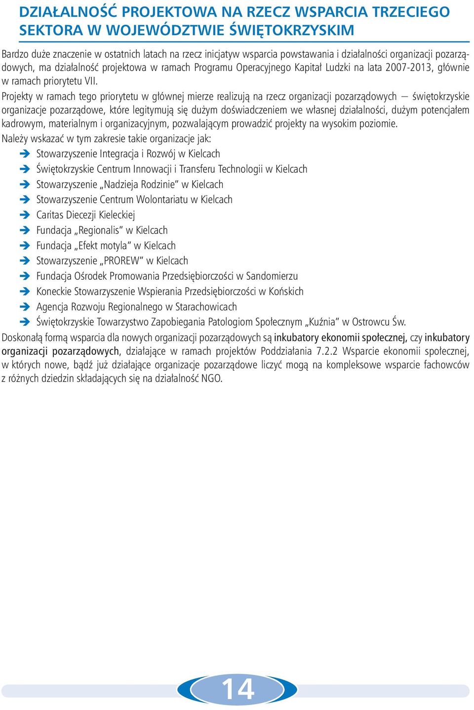 Projekty w ramach tego priorytetu w głównej mierze realizują na rzecz organizacji pozarządowych świętokrzyskie organizacje pozarządowe, które legitymują się dużym doświadczeniem we własnej