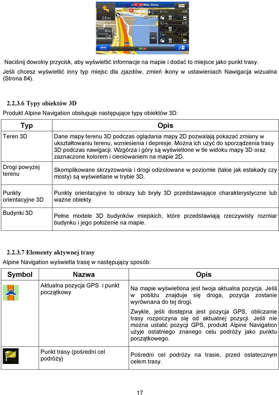 6 Typy obiektów 3D Produkt Alpine Navigation obsługuje następujące typy obiektów 3D: Typ Teren 3D Drogi powyżej terenu Opis Dane mapy terenu 3D podczas oglądania mapy 2D pozwalają pokazać zmiany w