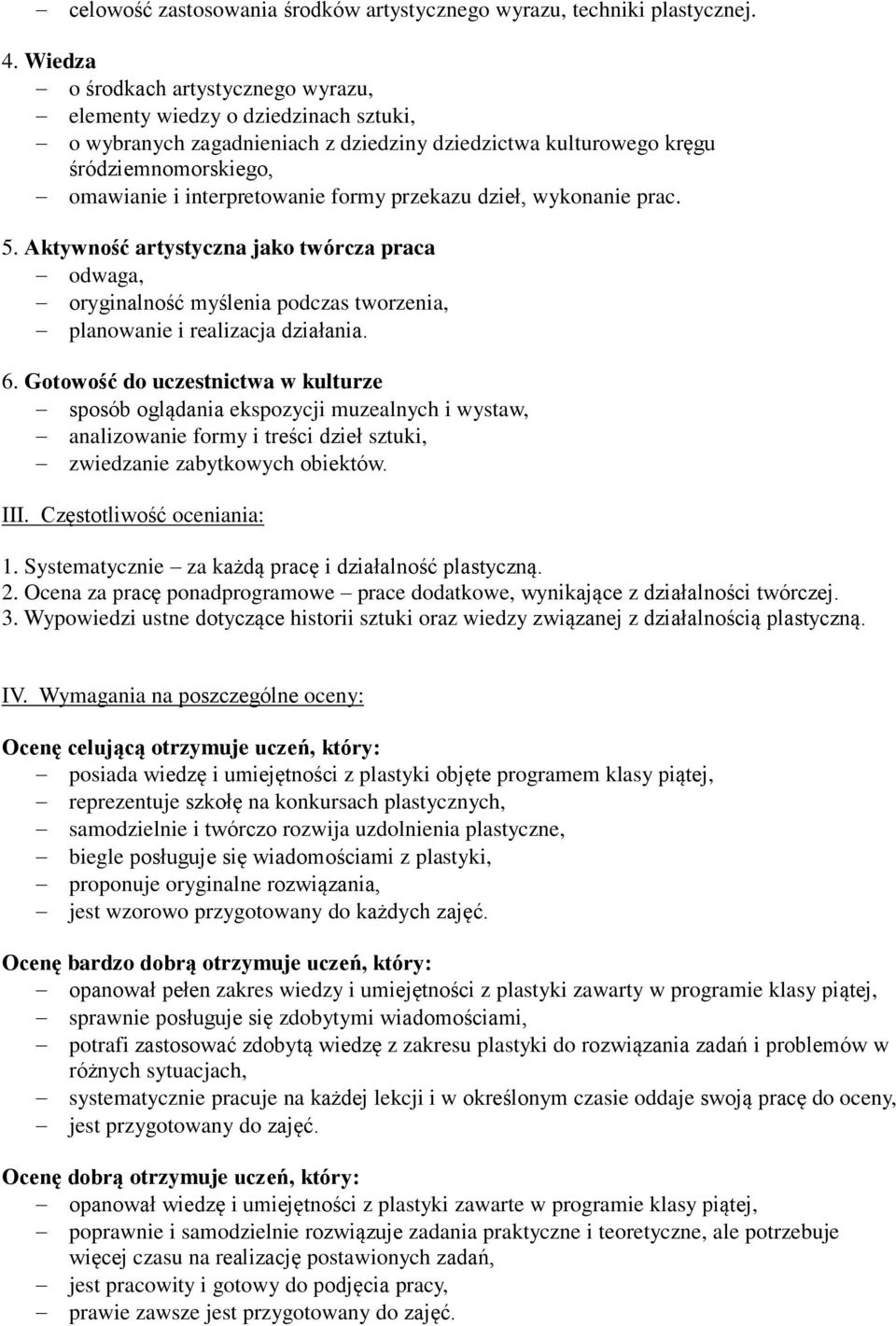 formy przekazu dzieł, wykonanie prac. 5. Aktywność artystyczna jako twórcza praca odwaga, oryginalność myślenia podczas tworzenia, planowanie i realizacja działania. 6.