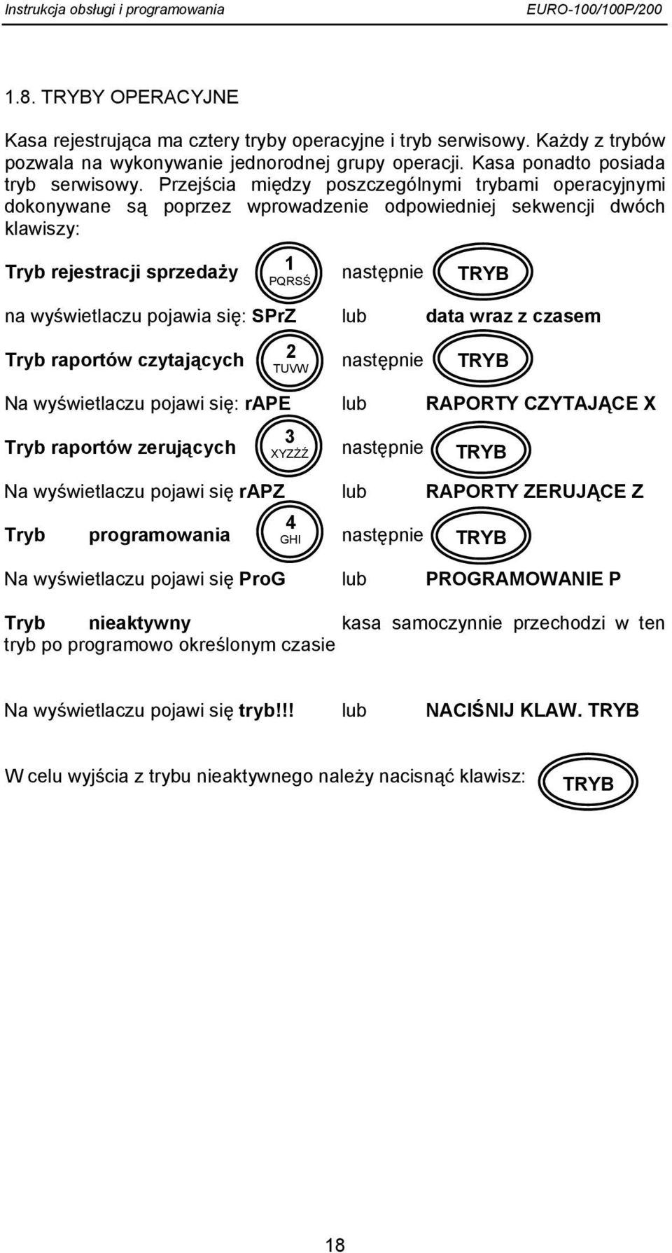 pojawia się: SPrZ lub data wraz z czasem Tryb raportów czytających 2 TUVW następnie TRYB Na wyświetlaczu pojawi się: rape lub RAPORTY CZYTAJĄCE X Tryb raportów zerujących 3 XYZŻŹ następnie TRYB Na