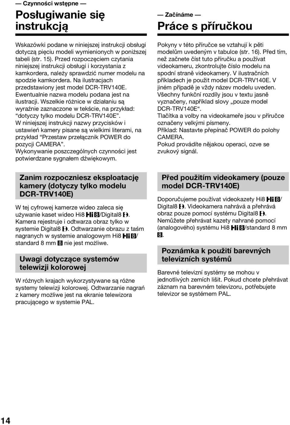 Ewentualnie nazwa modelu podana jest na ilustracji. Wszelkie różnice w działaniu są wyraźnie zaznaczone w tekście, na przykład: dotyczy tylko modelu DCR-TRV140E.