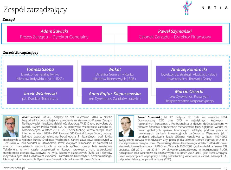 Strategii, Akwizycji, Relacji Inwestorskich i Rozwoju Grupy Jacek Wiśniewski p/o Dyrektor Techniczny Anna Rajtar-Klepuszewska p/o Dyrektor ds. Zasobów Ludzkich Marcin Osiecki p/o Dyrektor ds.