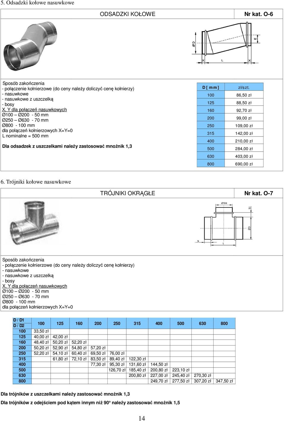 Ø800-100 mm dla połączeń kołnierzowych X=Y=0 L nominalne = 500 mm Dla odsadzek z uszczelkami należy zastosować mnożnik 1,3 D [ m m ] zł/szt.