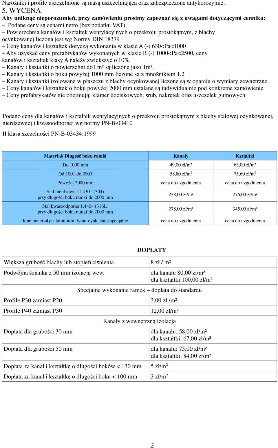 przekroju prostokątnym, z blachy ocynkowanej liczona jest wg Normy DIN 18379 Ceny kanałów i kształtek dotyczą wykonania w klasie A (-) 630<Pa<1000 Aby uzyskać ceny prefabrykatów wykonanych w klasie B