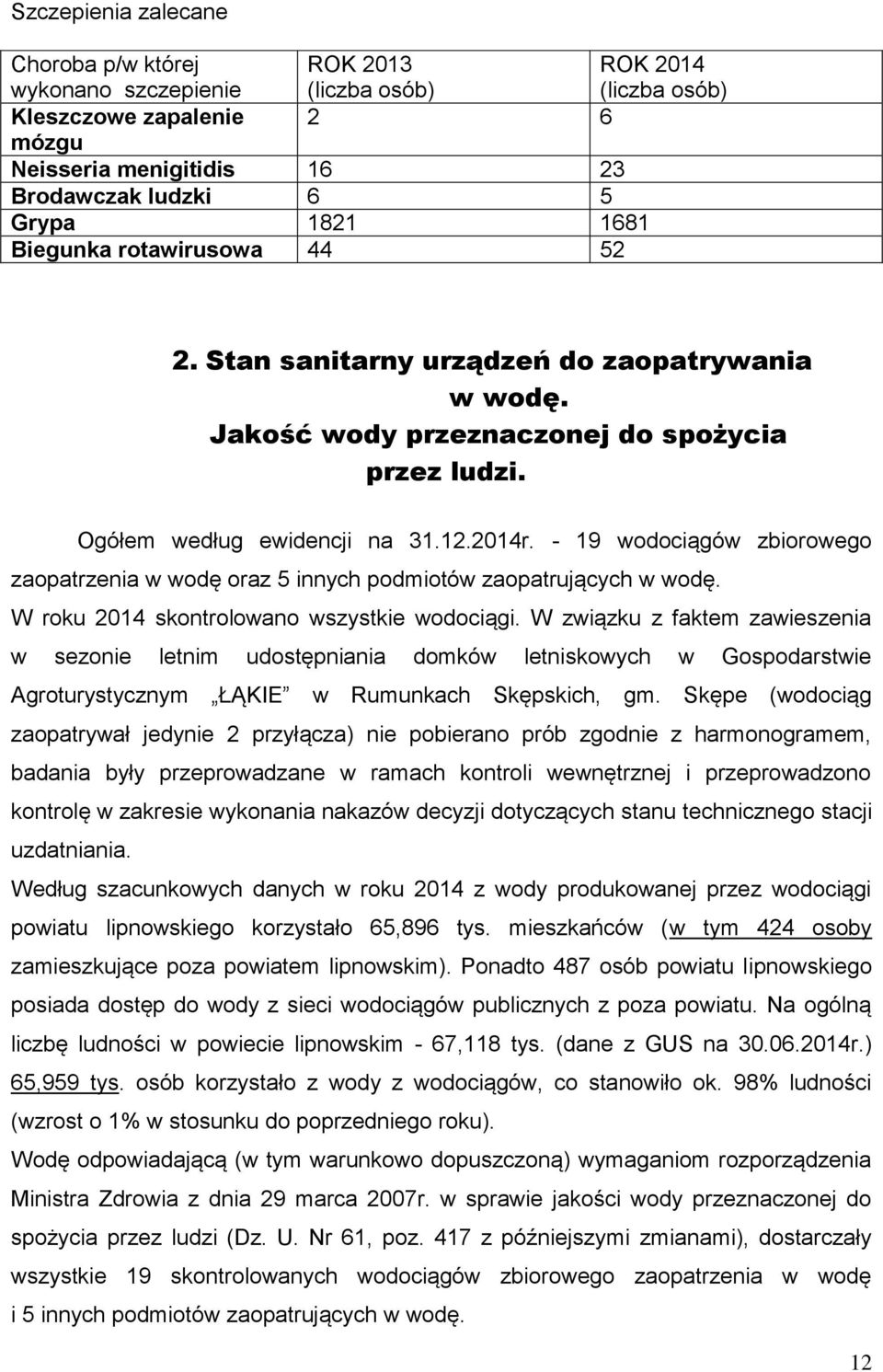 - 19 wodociągów zbiorowego zaopatrzenia w wodę oraz 5 innych podmiotów zaopatrujących w wodę. W roku 2014 skontrolowano wszystkie wodociągi.