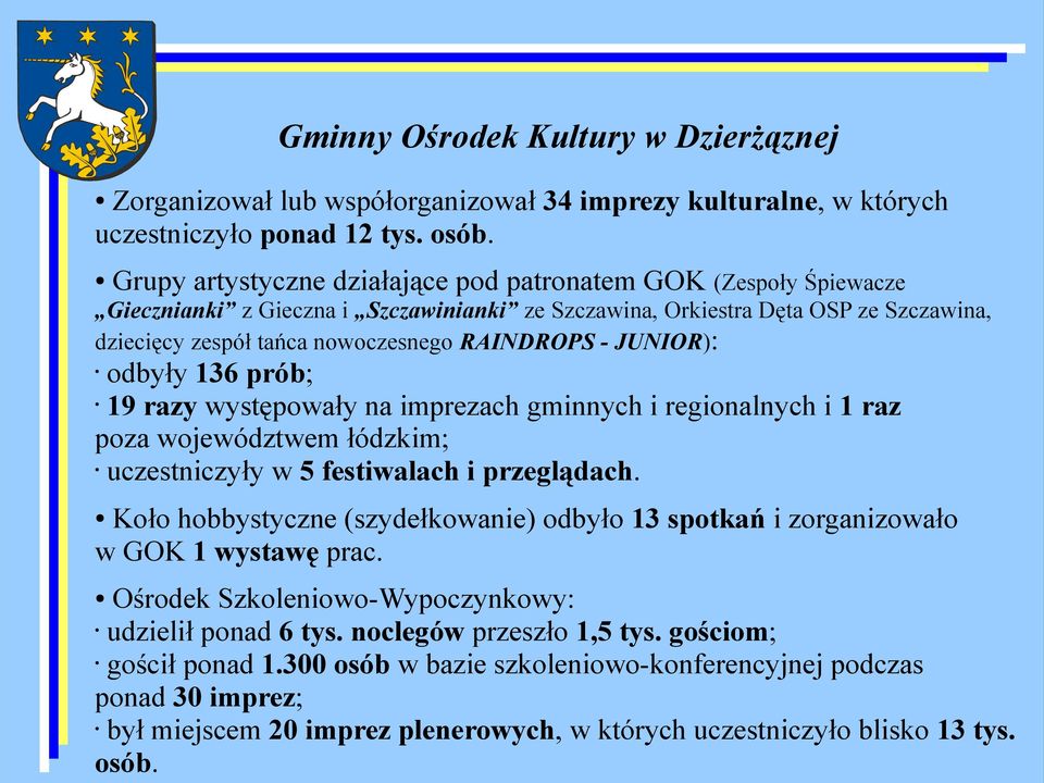 JUNIOR): odbyły 136 prób; 19 razy występowały na imprezach gminnych i regionalnych i 1 raz poza województwem łódzkim; uczestniczyły w 5 festiwalach i przeglądach.