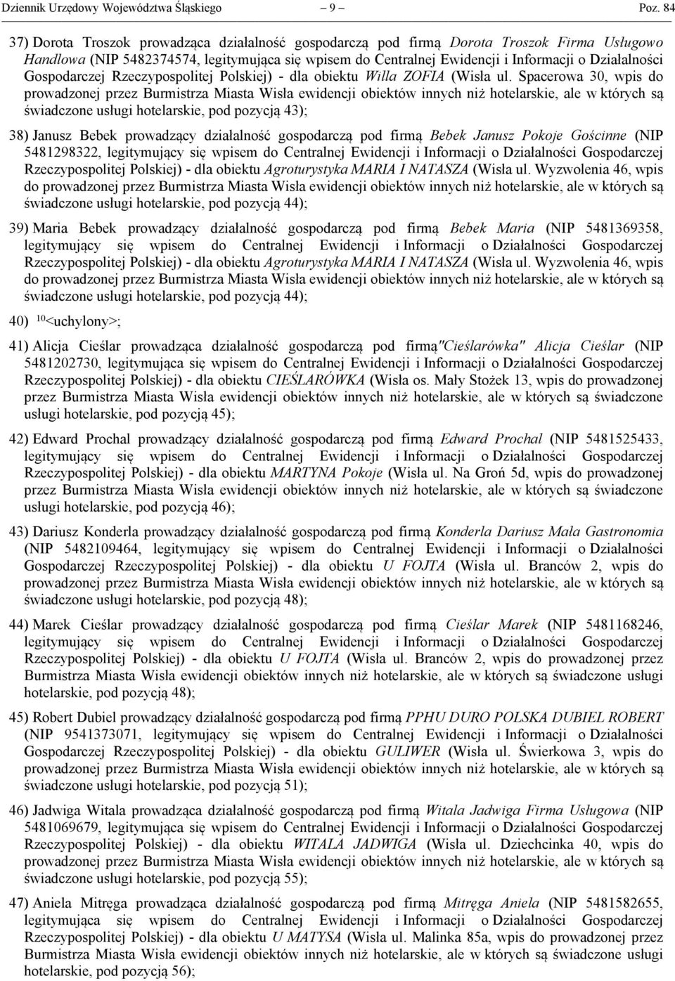 Gospodarczej Rzeczypospolitej Polskiej) - dla obiektu Willa ZOFIA (Wisła ul.