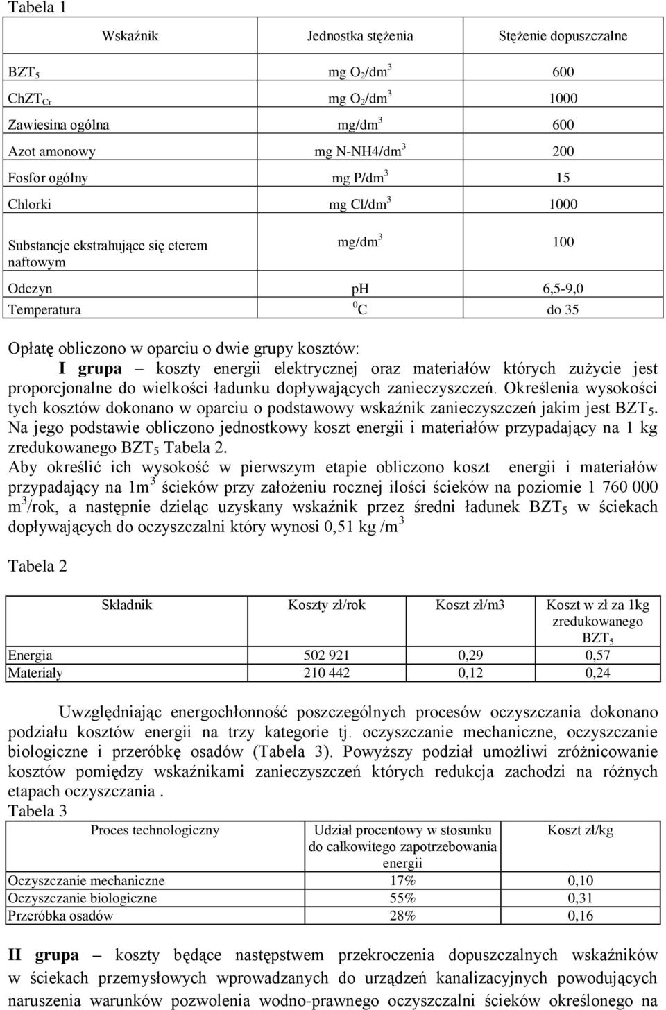 elektrycznej oraz materiałów których zużycie jest proporcjonalne do wielkości ładunku dopływających zanieczyszczeń.