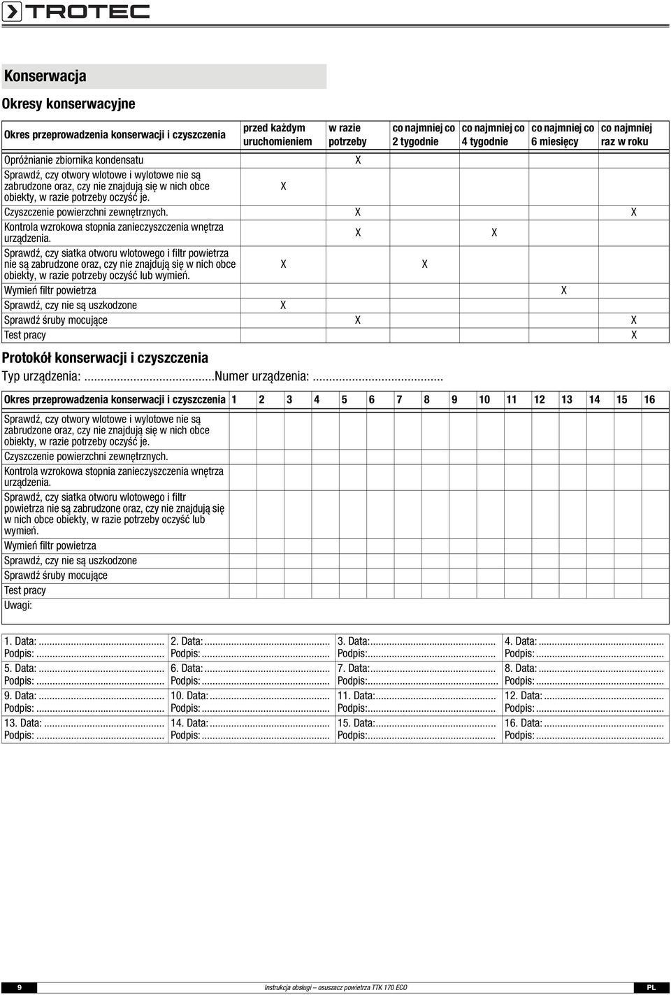 .. co najmniej co 4 tygodnie co najmniej co 6 miesięcy co najmniej raz w roku Opróżnianie zbiornika kondensatu Sprawdź, czy otwory wlotowe i wylotowe nie są zabrudzone oraz, czy nie znajdują się w