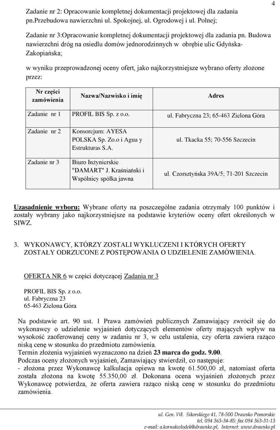 Budowa nawierzchni dróg na osiedlu domów jednorodzinnych w obrębie ulic Gdyńska- Zakopiańska; w wyniku przeprowadzonej oceny ofert, jako najkorzystniejsze wybrano oferty złożone przez: Nr części