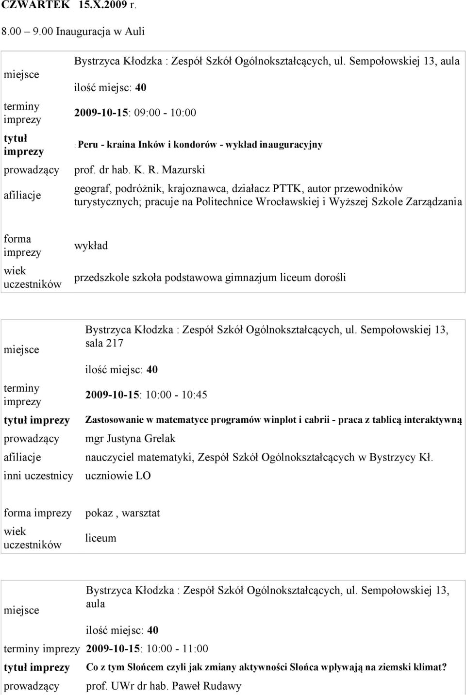 podstawowa tytuł inni uczestnicy sala 217 2009-10-15: 10:00-10:45 Zastosowanie w matematyce programów winplot i cabrii - praca z tablicą interaktywną mgr Justyna Grelak nauczyciel