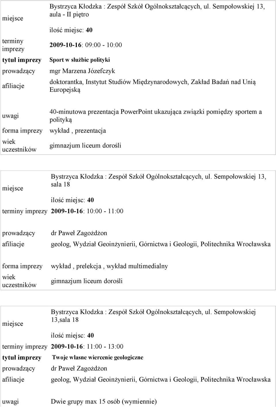 Geoinżynierii, Górnictwa i Geologii, Politechnika Wrocławska forma, prelekcja, multimedialny Bystrzyca Kłodzka : Zespół Szkół Ogólnokształcących, ul.