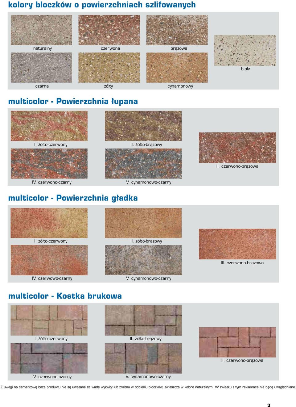 czerwowo-czarny V. cynamonowo-czarny - Kostka brukowa I. żółto-czerwony II. zółto-brązowy III. czerwono-brązowa IV. czerwono-czarny V.