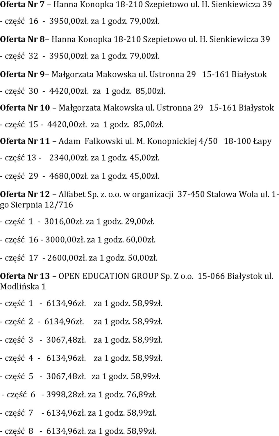 Ustronna 29 15-161 Białystok - część 15-4420,00zł. za 1 godz. 85,00zł. Oferta 11 Adam Falkowski ul. M. Konopnickiej 4/50 18-100 Łapy - część 13-2340,00zł. za 1 godz. 45,00zł. - część 29-4680,00zł.