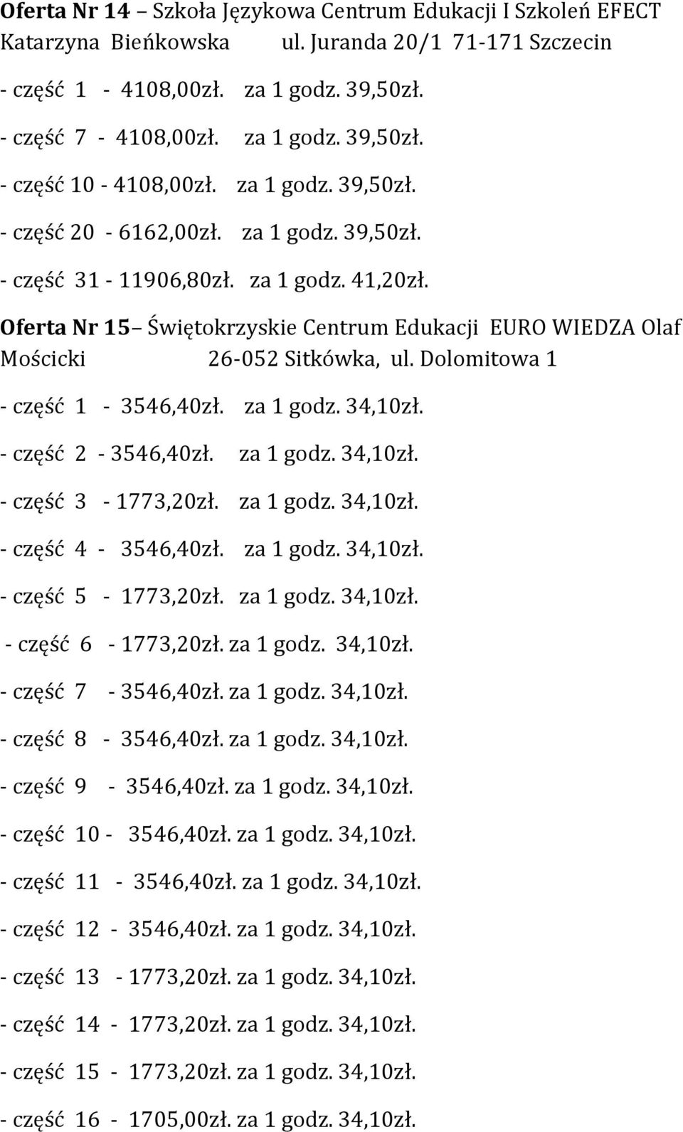 za 1 godz. 34,10zł. - część 2-3546,40zł. za 1 godz. 34,10zł. - część 3-1773,20zł. za 1 godz. 34,10zł. - część 4-3546,40zł. za 1 godz. 34,10zł. - część 5-1773,20zł. za 1 godz. 34,10zł. - część 6-1773,20zł.