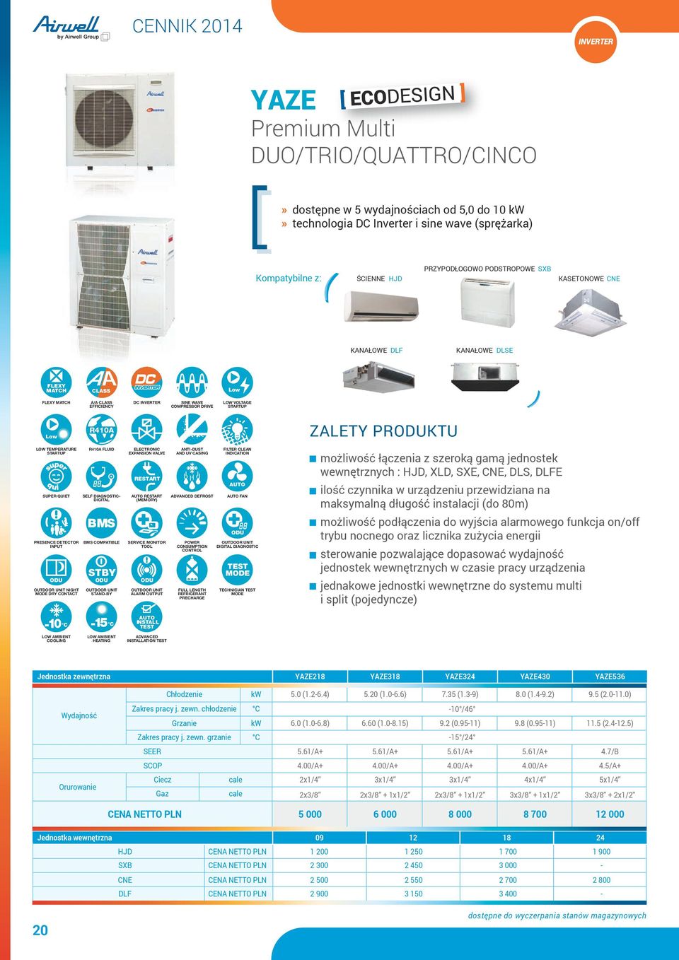 EXPANSION VALVE ANTIDUST AND UV CASING ADVANCED DEFROST FILTER CLEAN FAN możliwość łączenia z szeroką gamą jednostek wewnętrznych : HJD, XLD, SXE, CNE, DLS, DLFE ilość czynnika w urządzeniu