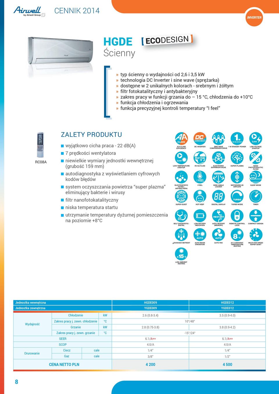 INVERTER 1W SINE WAVE 1 W STANDBY POWER COMPRESSOR DRIVE LOW VOLTAGE 7 prędkości wentylatora RC08A niewielkie wymiary jednostki wewnętrznej (grubość 159 mm) LOW TEMPERATURE R410A ELECTRONIC EXPANSION