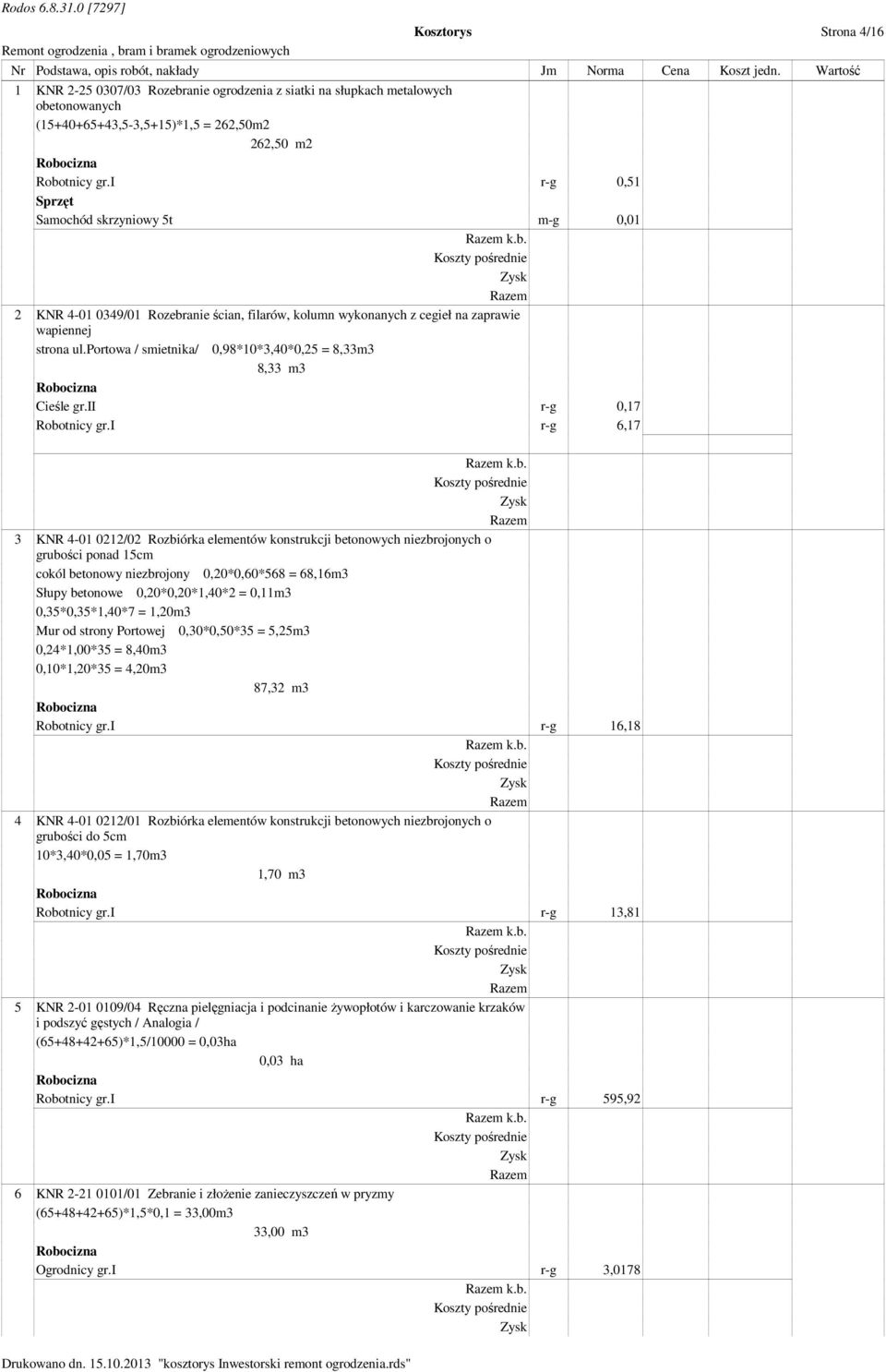 portowa / smietnika/ 0,98*10*3,40*0,25 = 8,33m3 8,33 m3 Cieśle gr.ii r-g 0,17 Robo