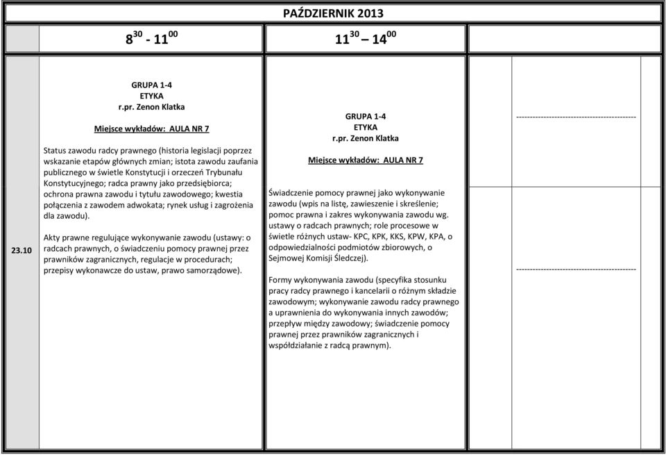 prawny jako przedsiębiorca; ochrona prawna zawodu i tytułu zawodowego; kwestia połączenia z zawodem adwokata; rynek usług i zagrożenia dla zawodu).